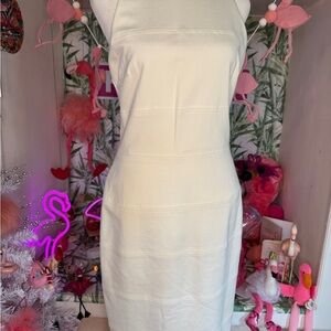 White House Black Market Sleeveless Dress ivory stretch, mock sheath
